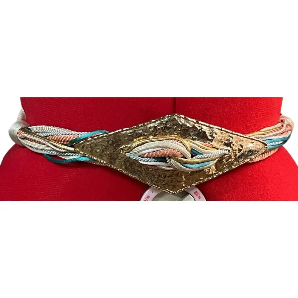 Retro 80's Fabric Tan Gold Buckle Spring Pastel Multicolor Belt Women 28”- 32.5”